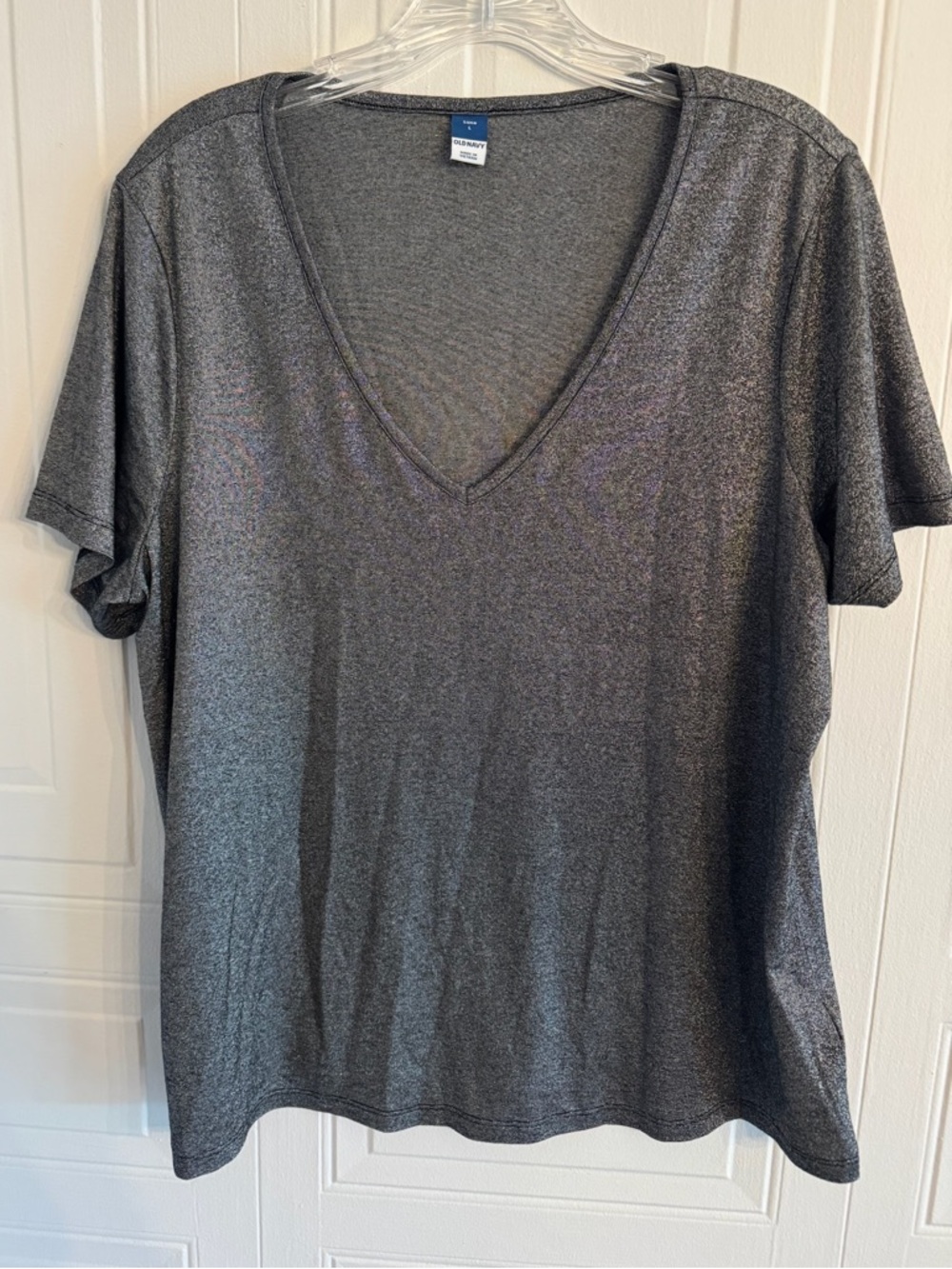 Old Navy Metallic Silver Grey Luxe V-Neck T-Shirt, Size Large